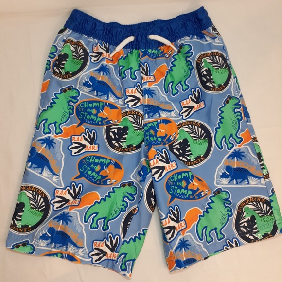 Gymboree Boys Size 12 Dinosaur Themed Swim Shorts Trucks Blue Green Orange‎ - Picture 1 of 8